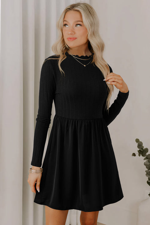Frilled Mock Neck Ribbed Knit Mixed Media Mini Dress